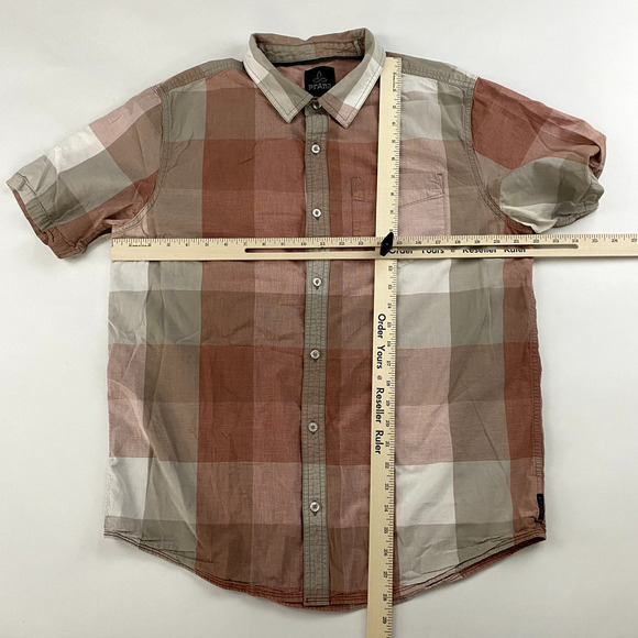 PrAna Size L Brighton Plaid Button Down Shirt Short Sleeve Organic Cotton - Picture 2 of 8